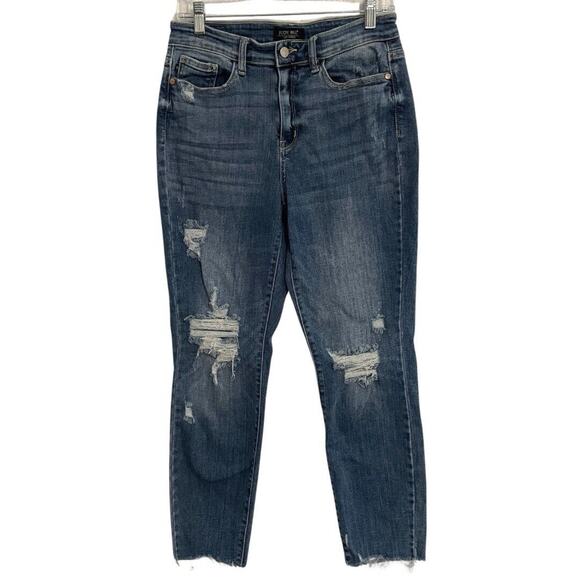 Judy Blue RELAXED FIT Jeans Size 5/27 Medium Wash Distressed Raw Hem Stretch - Picture 1 of 10